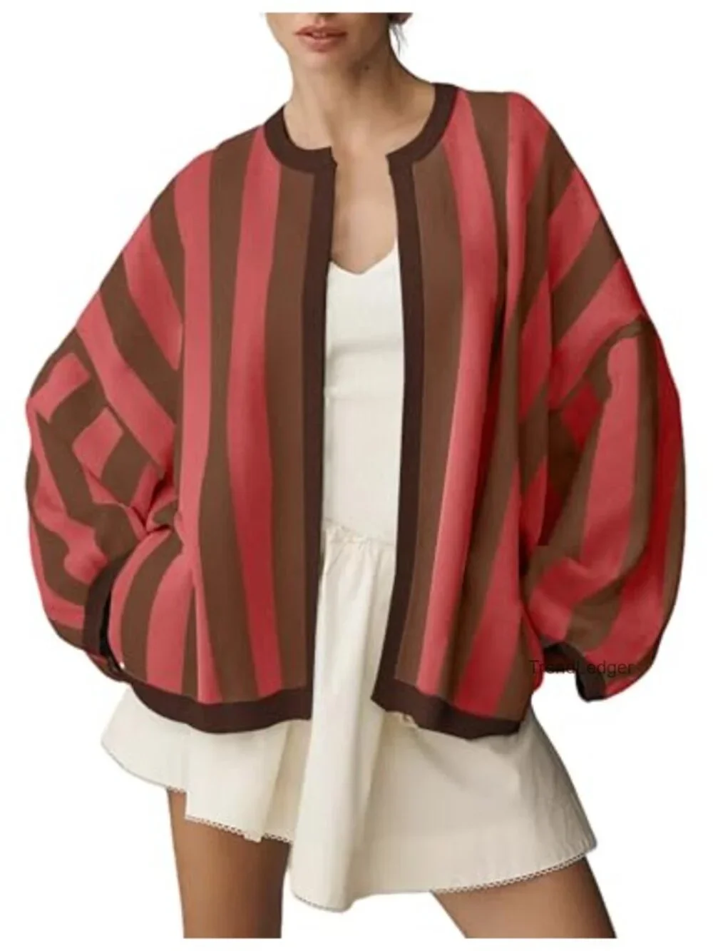 Women's Striped Cardigan Long Balloon Sleeves Loose Fit Open Front Knit Sweater
